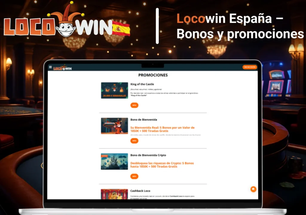 Bonos y promociones de Locowin España mostrados en un portátil con la lista de ofertas activas en pantalla