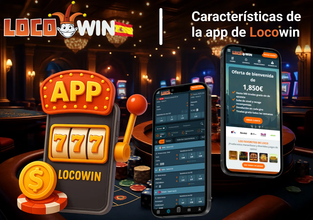 Funciones principales de la aplicación móvil de Locowin, con apuestas, promociones y juegos accesibles desde el teléfono.