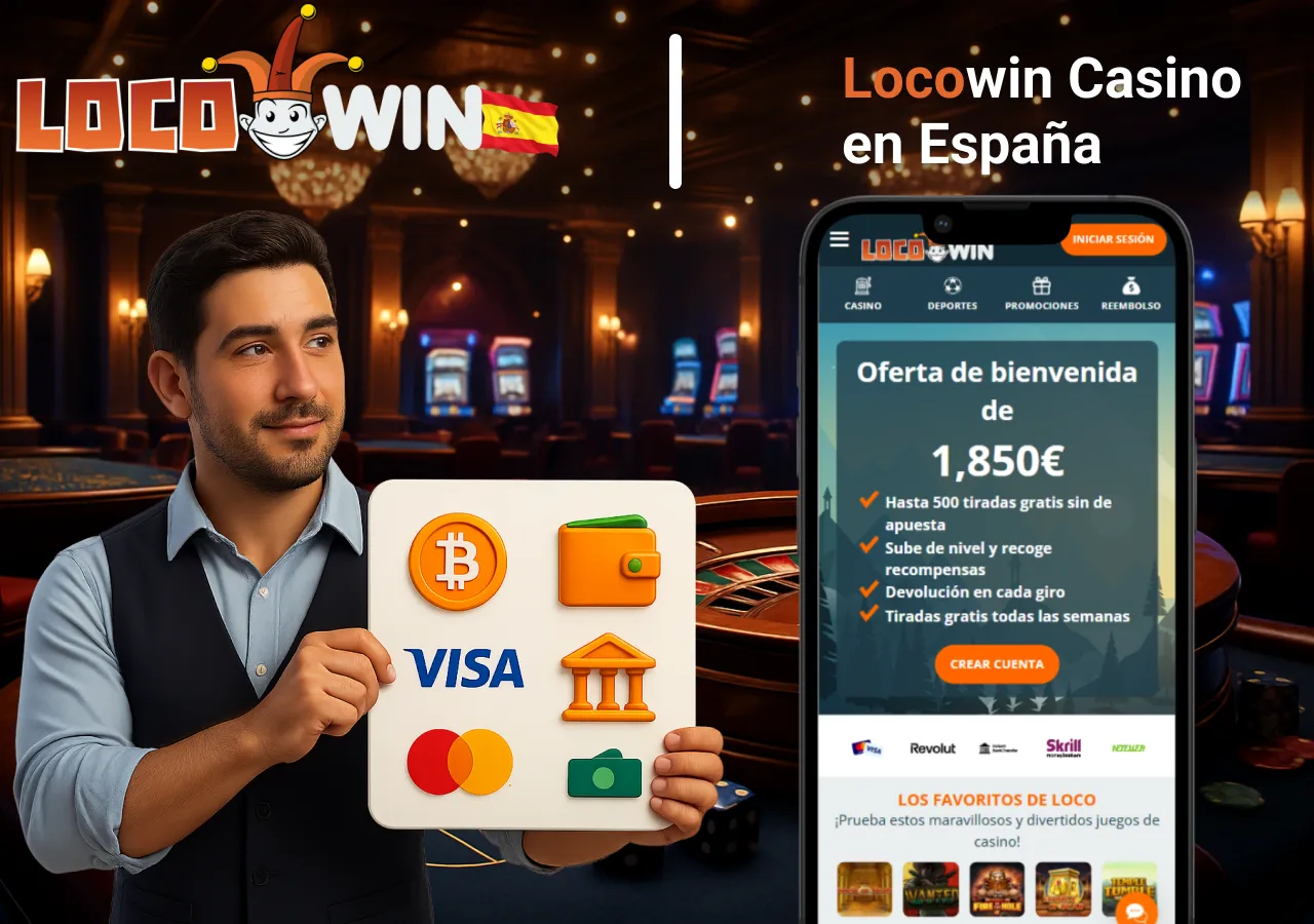 Métodos de pago en Locowin con iconos de tarjeta, criptomonedas y banca junto a la oferta de bienvenida